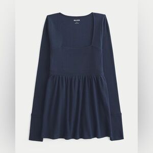 Hollister Navy Long Sleeve Square Neck Peplum Top